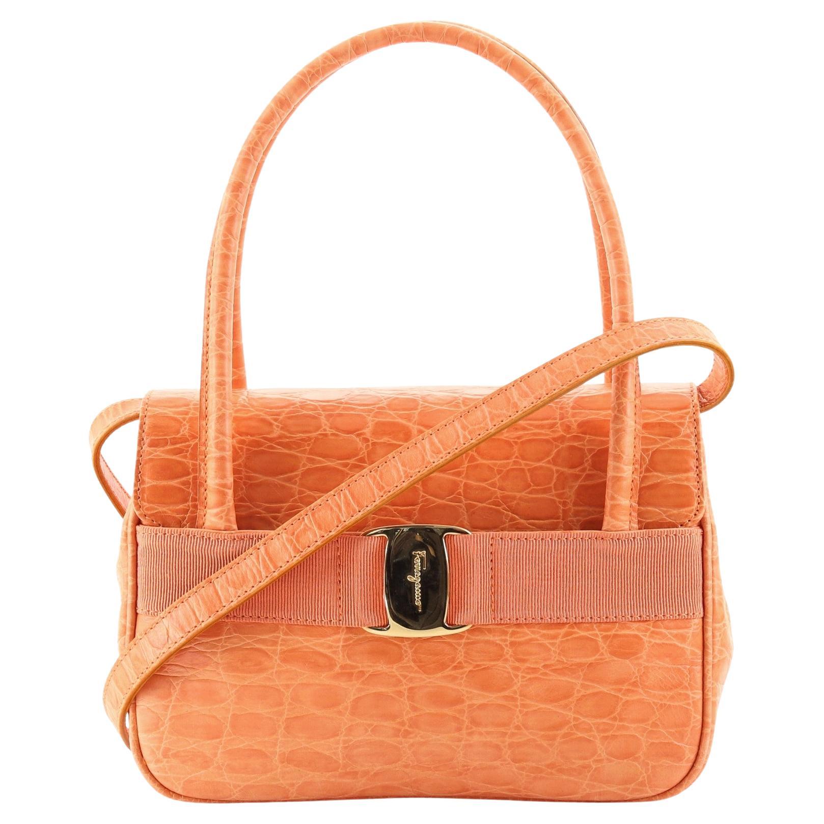 Convertible Executive Leather Bag in Crocodile Print Orange Crush