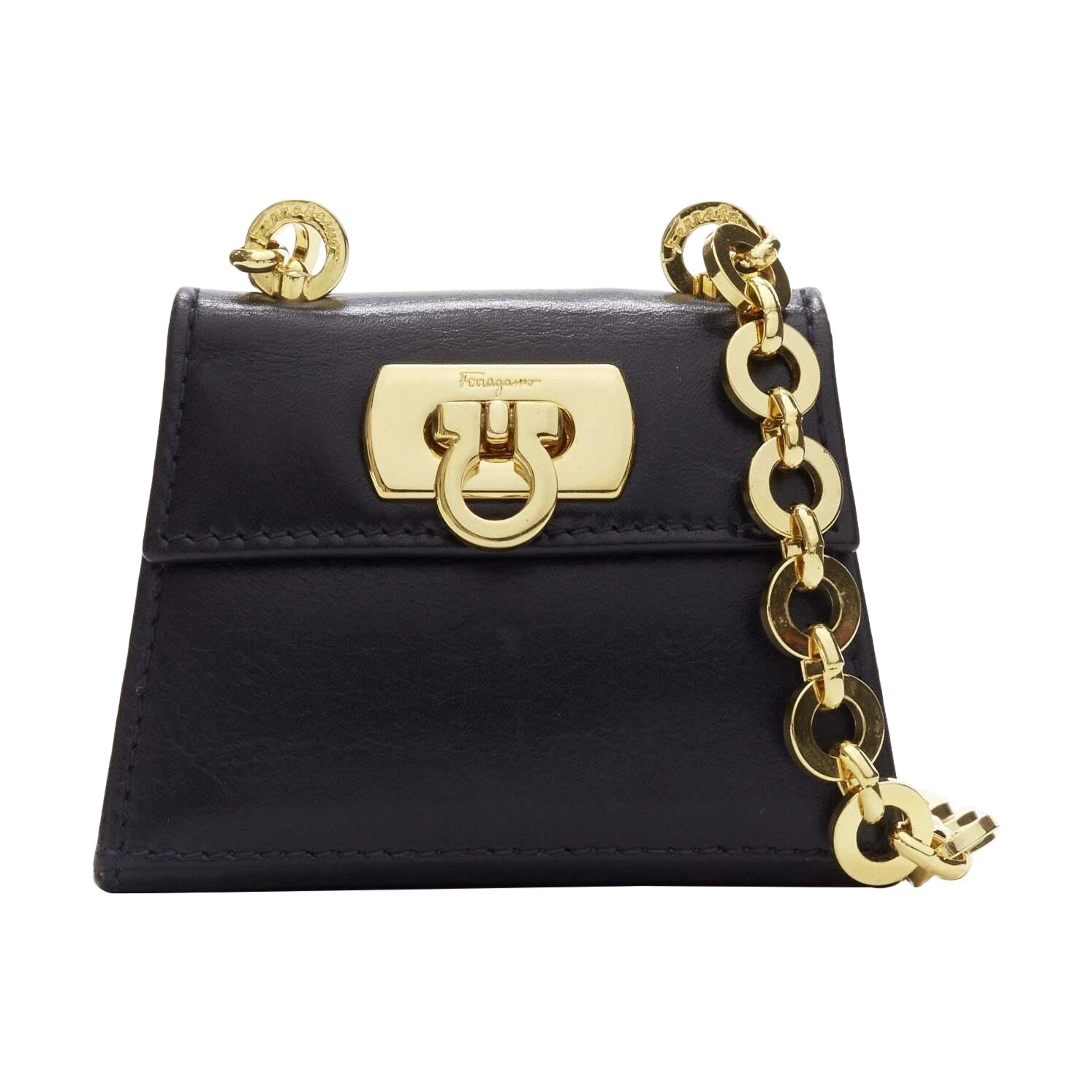 SALVATORE FERRAGAMO Vintage Gancini black gold chain mini waist belt bag
