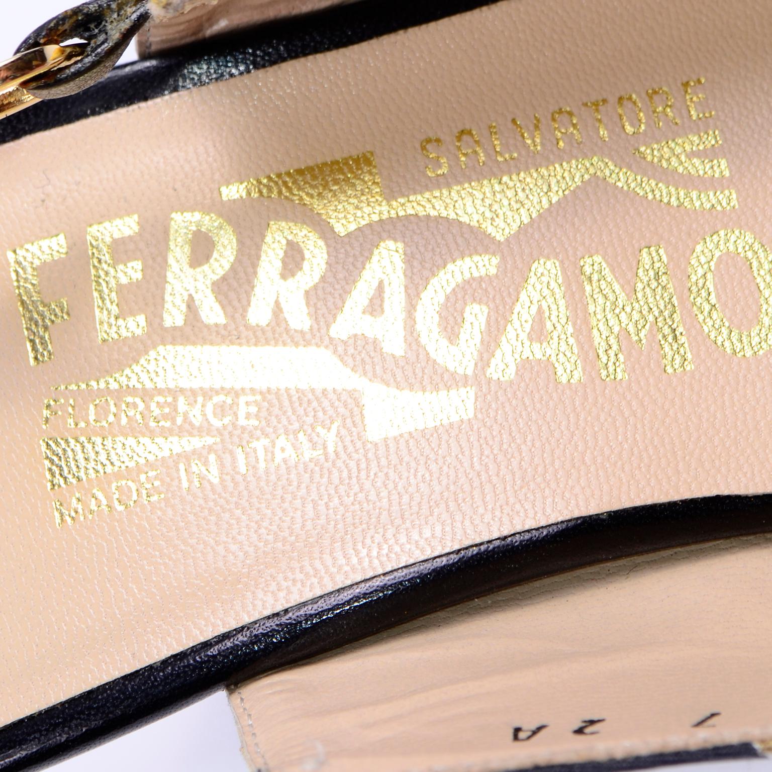 Salvatore Ferragamo Vintage Gold Silk Scarf Print Slingback Leather Shoes For Sale 3