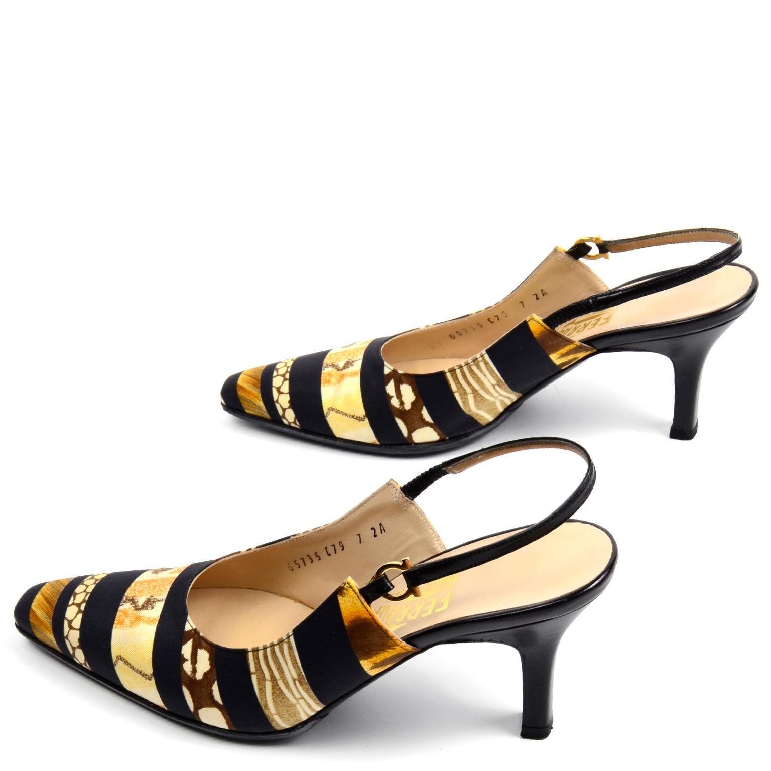 Salvatore Ferragamo Vintage Gold Silk Scarf Print Slingback Leather Shoes In Excellent Condition For Sale In Portland, OR