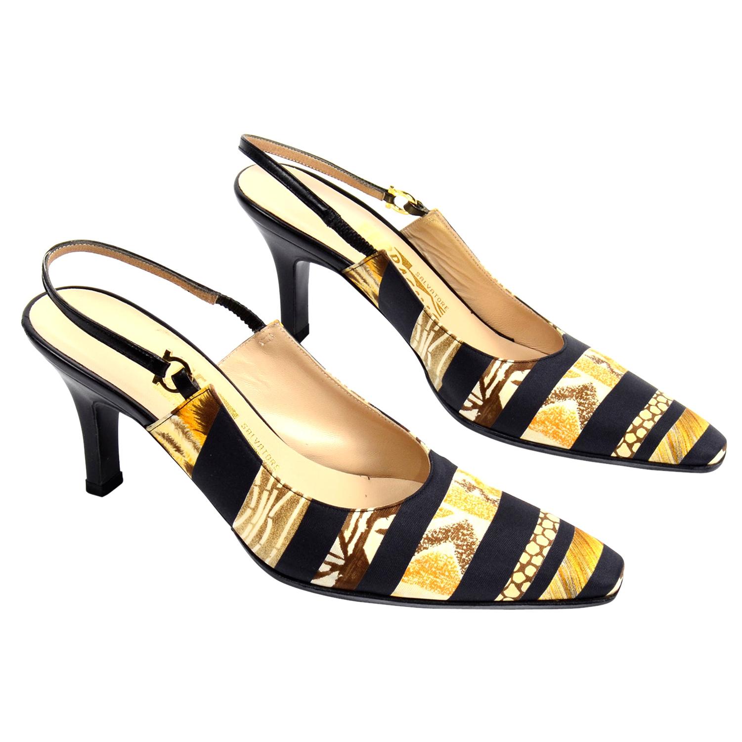 Salvatore Ferragamo Vintage Gold Silk Scarf Print Slingback Leather Shoes For Sale