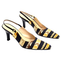 Salvatore Ferragamo Vintage Goldfarbene Lederschuhe mit Slingback-Druck aus Seide