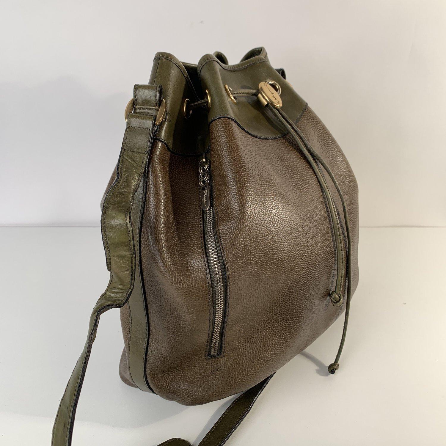 Black Salvatore Ferragamo Vintage Green Leather Drawstring Bucket Bag