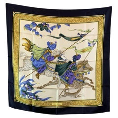 Salvatore Ferragamo Vintage Knights Print Silk Scarf Blue Borders
