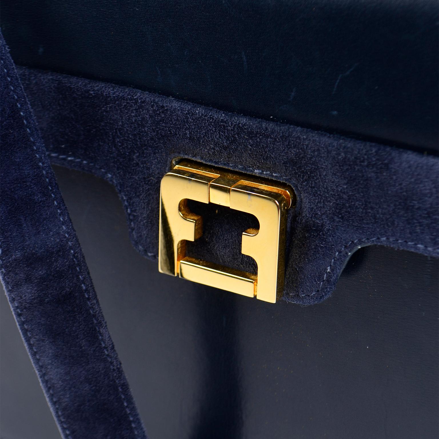 Salvatore Ferragamo Vintage Navy Blue Leather Shoulder Bag or Clutch Handbag For Sale 2