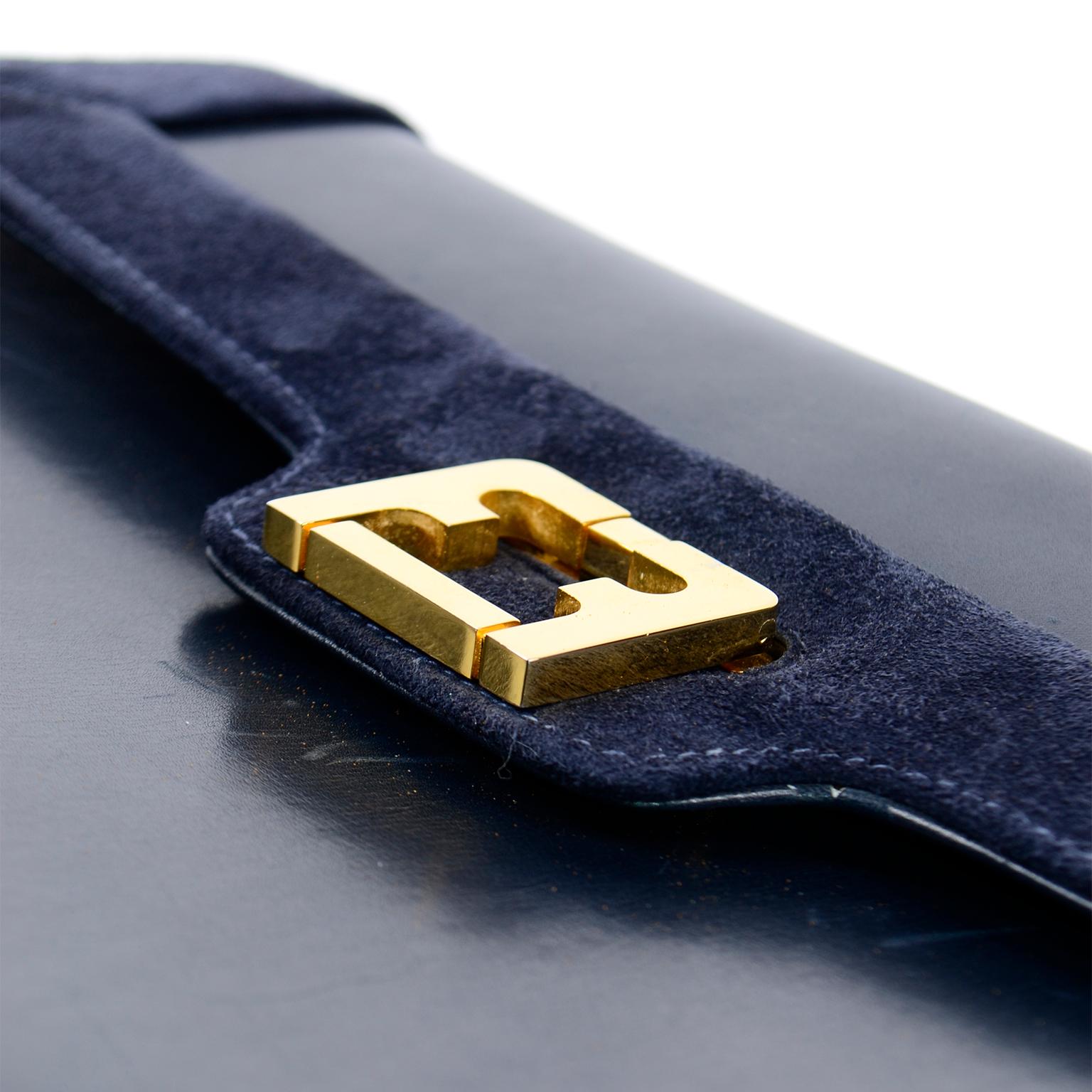 Salvatore Ferragamo Vintage Navy Blue Leather Shoulder Bag or Clutch Handbag For Sale 3