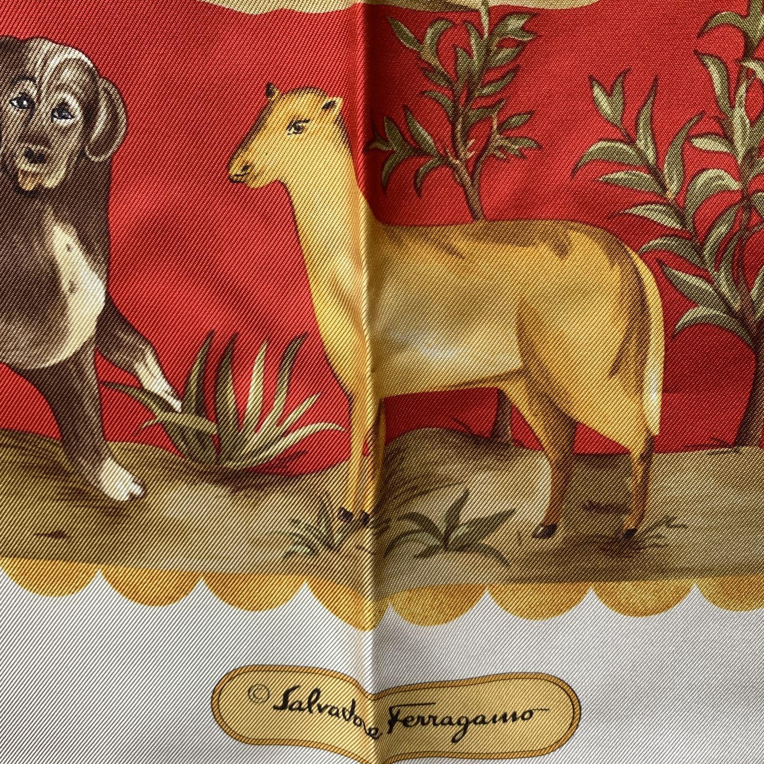 Brown Salvatore Ferragamo Vintage Red Animals Print Silk Scarf For Sale