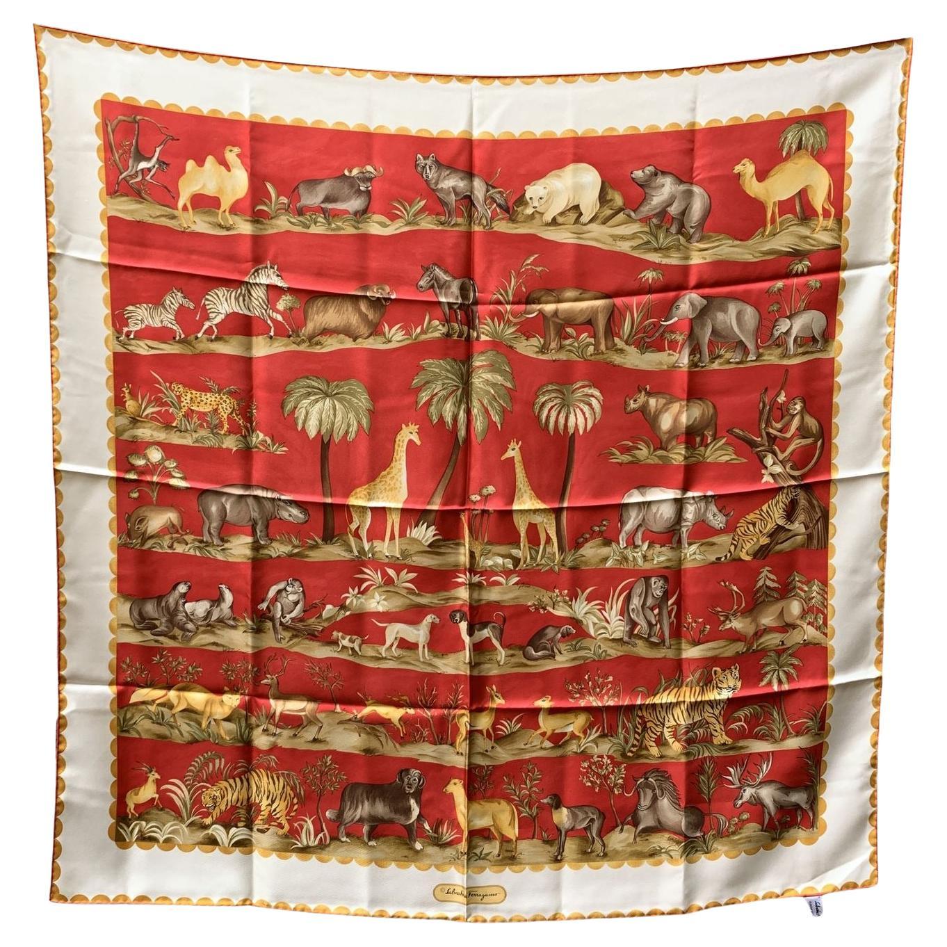 Salvatore Ferragamo Vintage Red Animals Print Silk Scarf For Sale