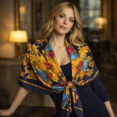 Salvatore Ferragamo Vintage Silk Scarf 35 Inch Navy Baroque Floral Made in Italy