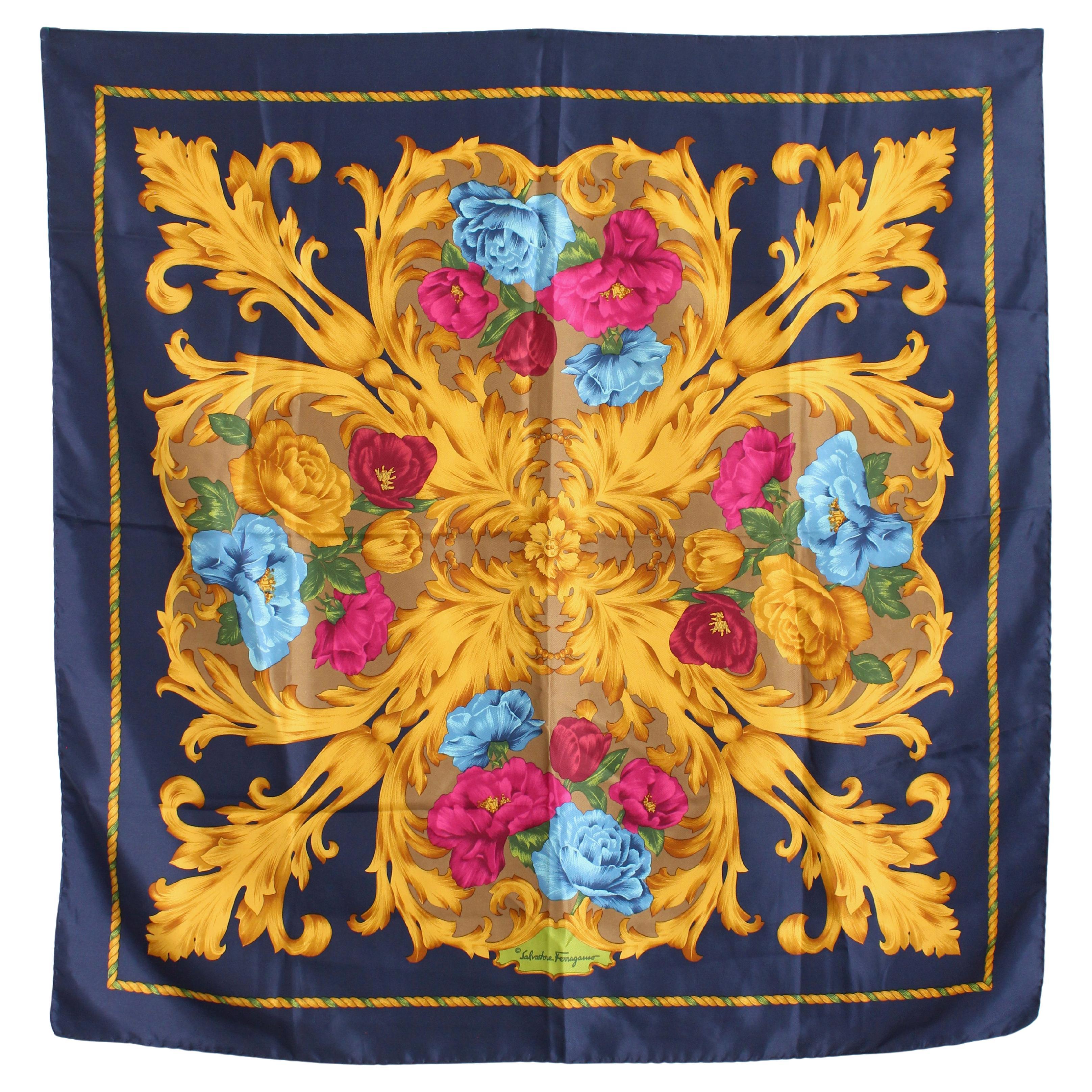 Salvatore Ferragamo Vintage Silk Scarf 35 Inch Navy Baroque Floral Made in Italy