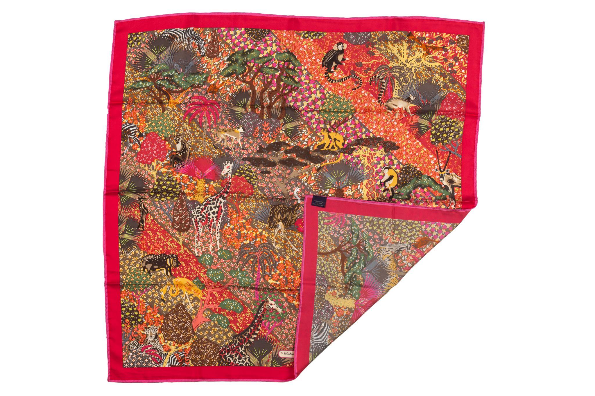 Salvatore Ferragamo Vintage Silk Scarf in orange with a red frame. Item is in new condition.