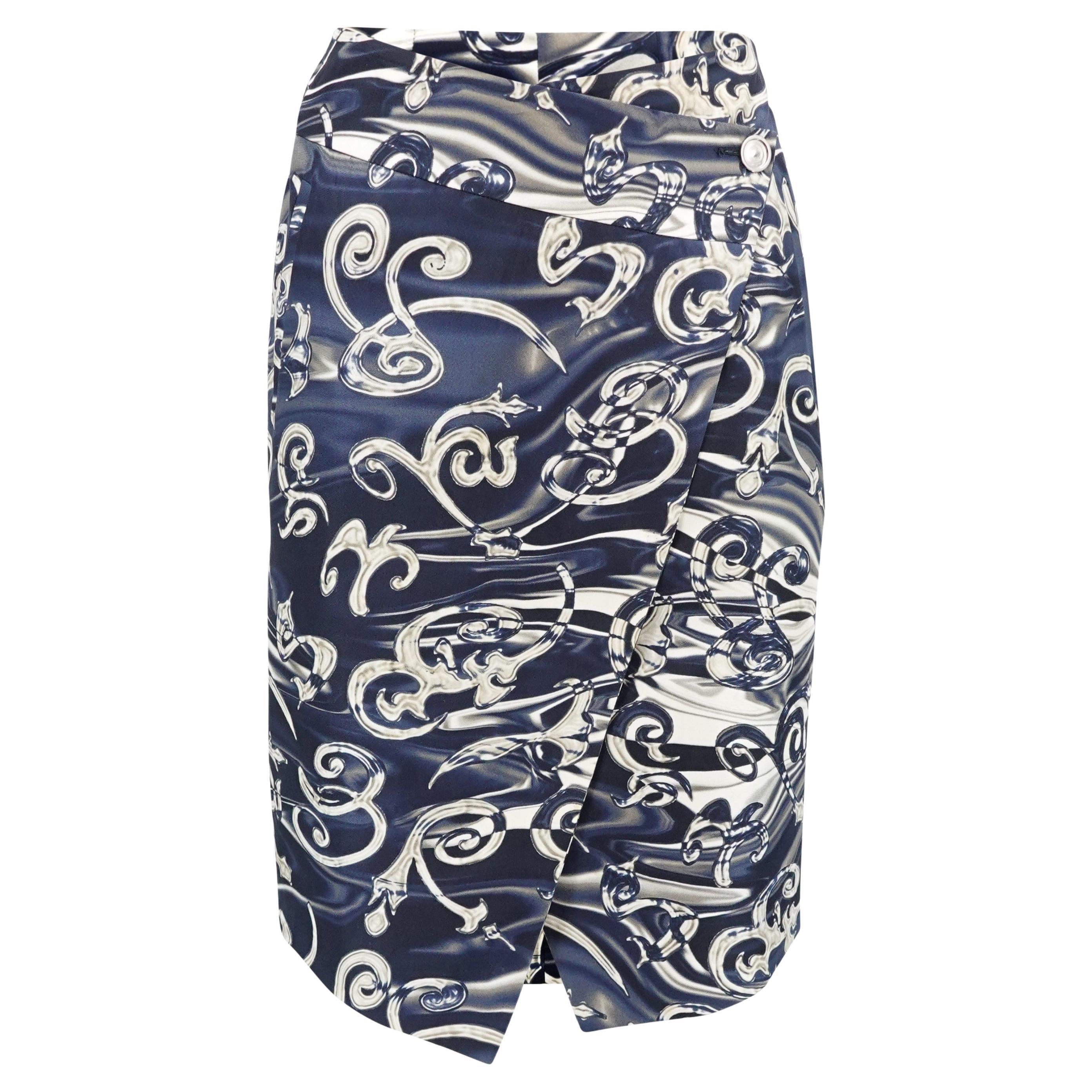 Salvatore Ferragamo Gonna a portafoglio in twill di seta vintage, stampa marina IT 38