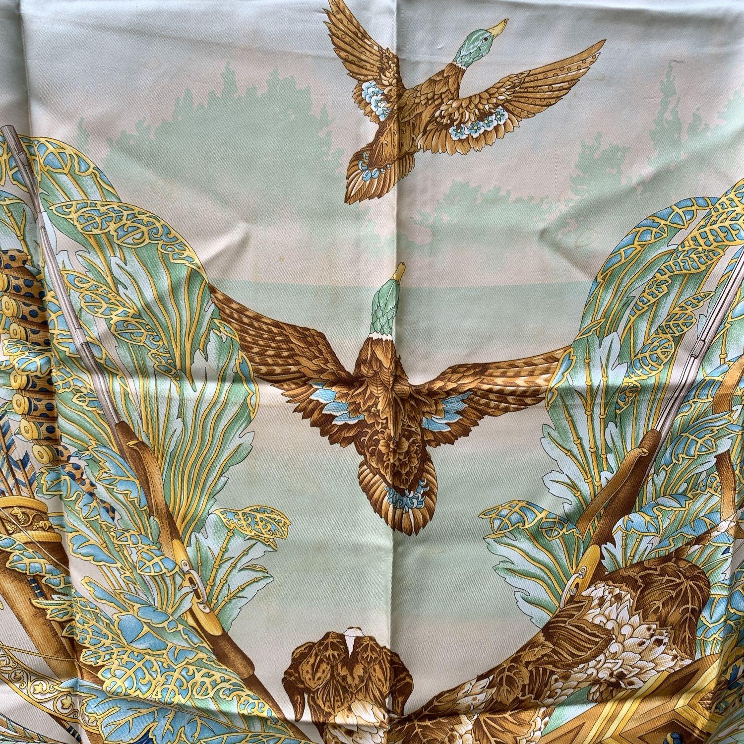 Salvatore Ferragamo Vintage Teal Birds Print Silk Scarf In Good Condition For Sale In Rome, Rome