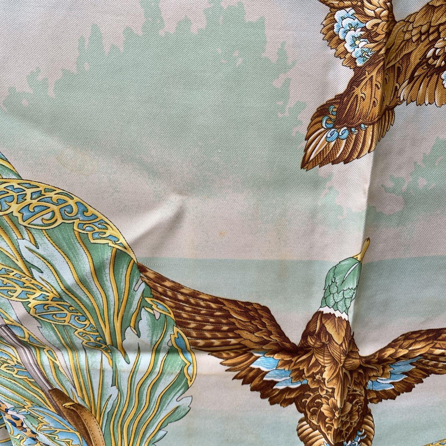 Salvatore Ferragamo Vintage Teal Birds Print Silk Scarf For Sale 2