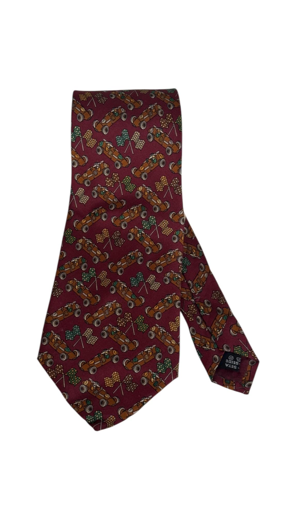 Salvatore Ferragamo Vintage Krawatte - Rennwagen und karierte Flagge Druck - Burgunderrot im Angebot 3