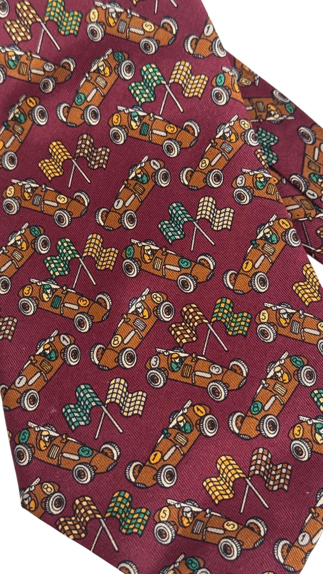 Salvatore Ferragamo Vintage Krawatte - Rennwagen und karierte Flagge Druck - Burgunderrot im Angebot 4