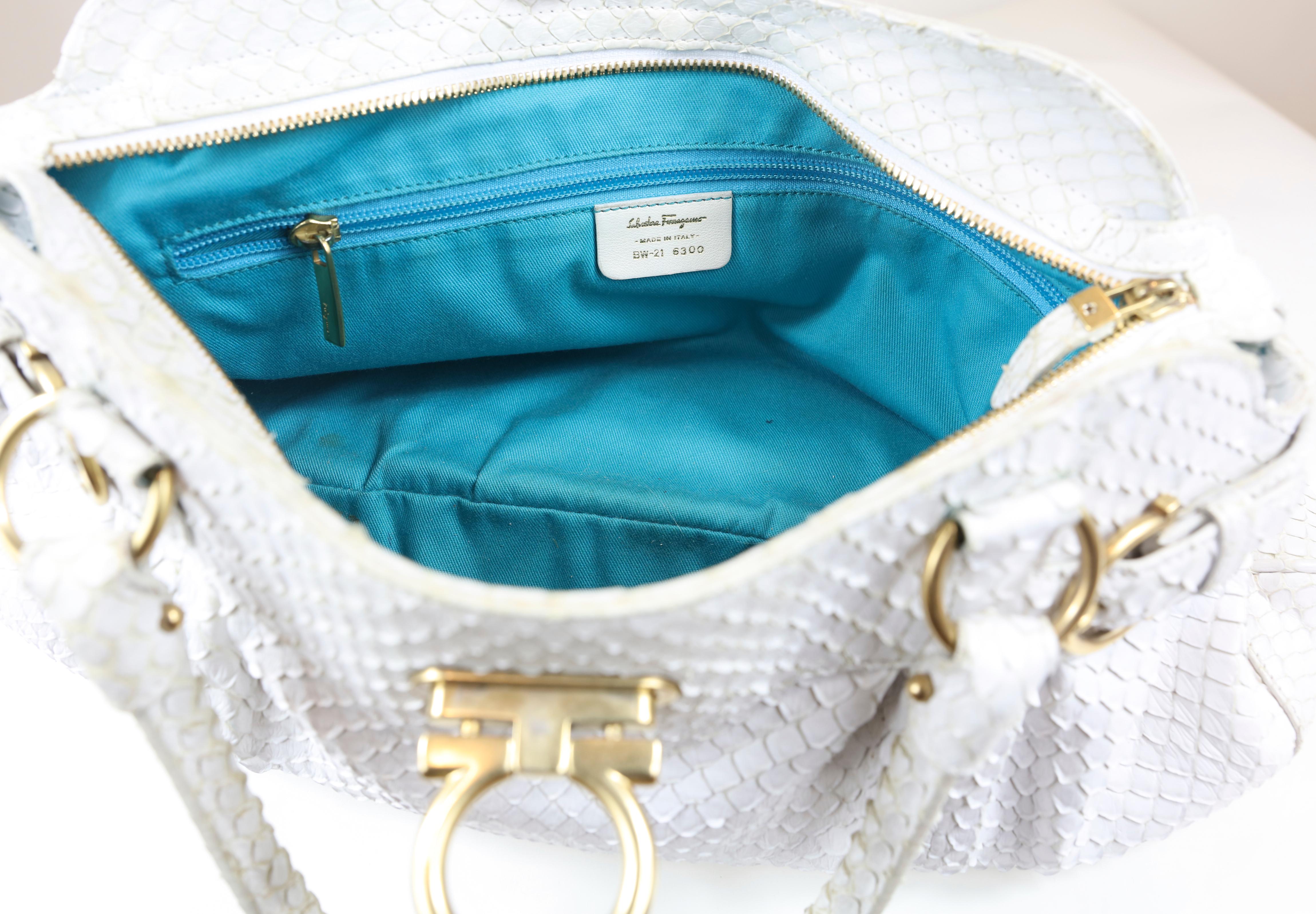 Salvatore Ferragamo White Anaconda Shoulder Bag with Gold Hardware and Flap  1
