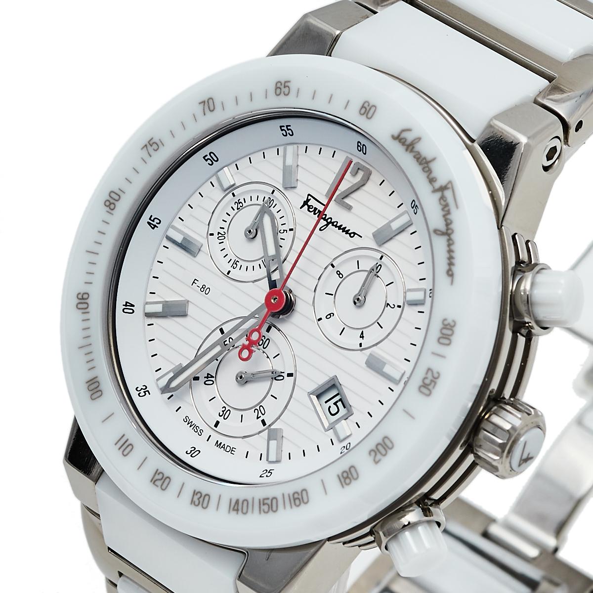 Your everyday style deserves the touch of luxury brought by this wristwatch from Salvatore Ferragamo. Crafted from ceramic and titanium, the watch has date and chronograph complications. The watch is held by a comfortable bracelet.

