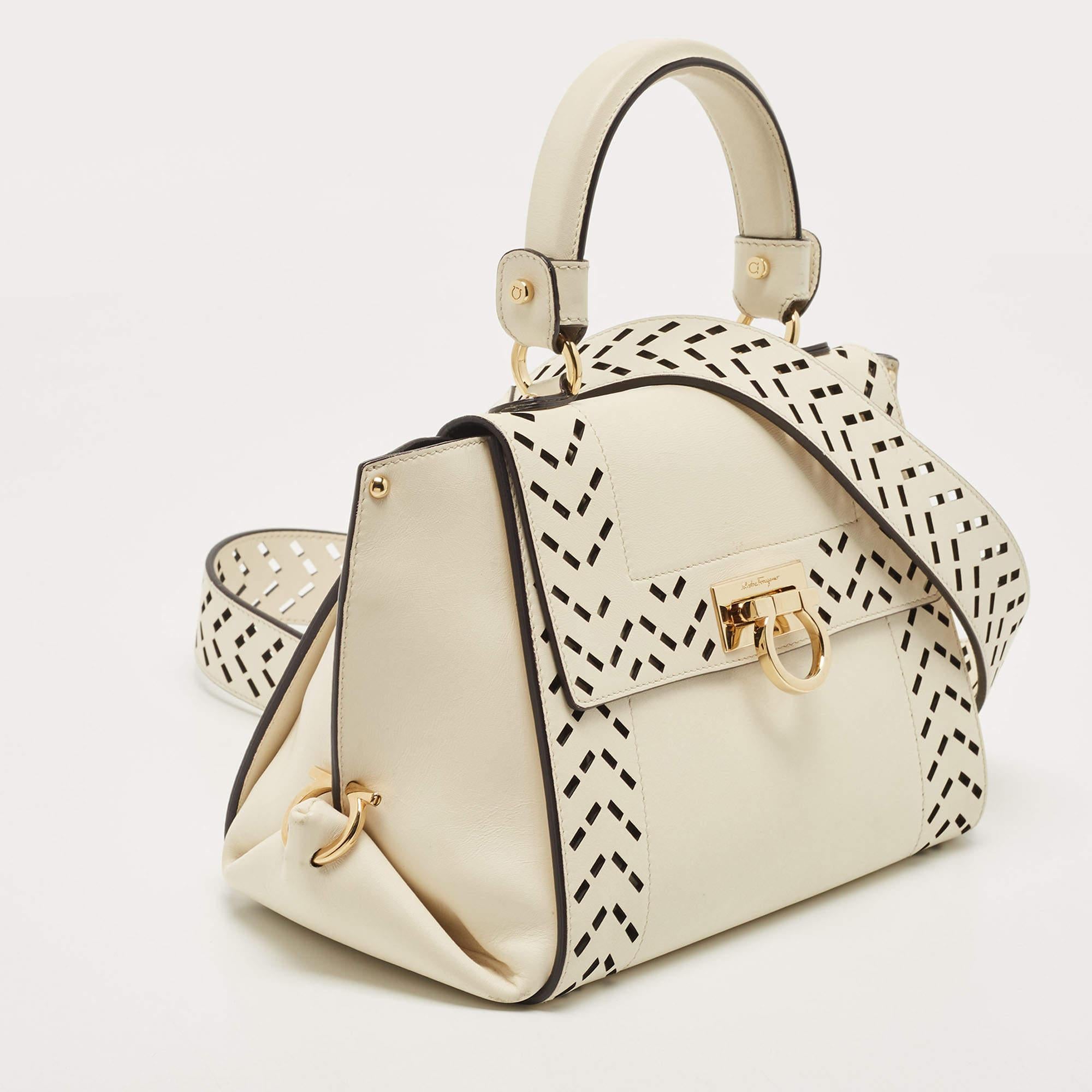 Salvatore Ferragamo White Laser Cut Leather Small Sofia Top Handle Bag In Good Condition In Dubai, Al Qouz 2