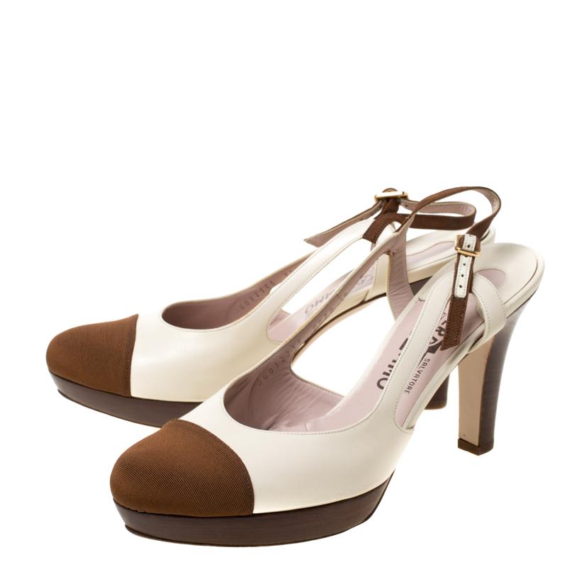 Women's Salvatore Ferragamo White Leather And Brown Canvas Platform Sandals Size 39.5