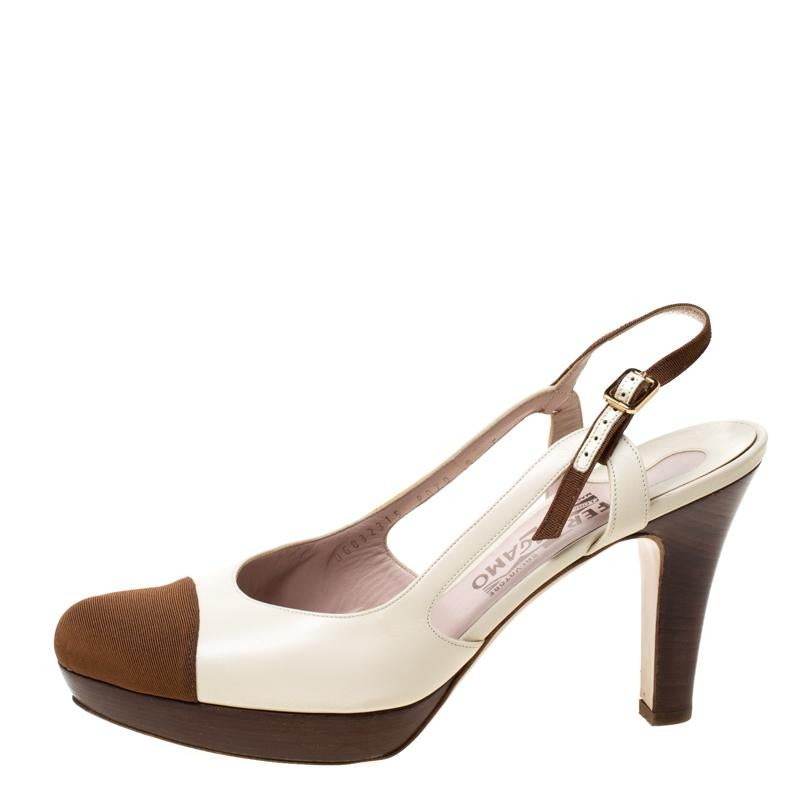 Women's Salvatore Ferragamo White Leather And Brown Canvas Slingback Sandals Size 39.5 For Sale