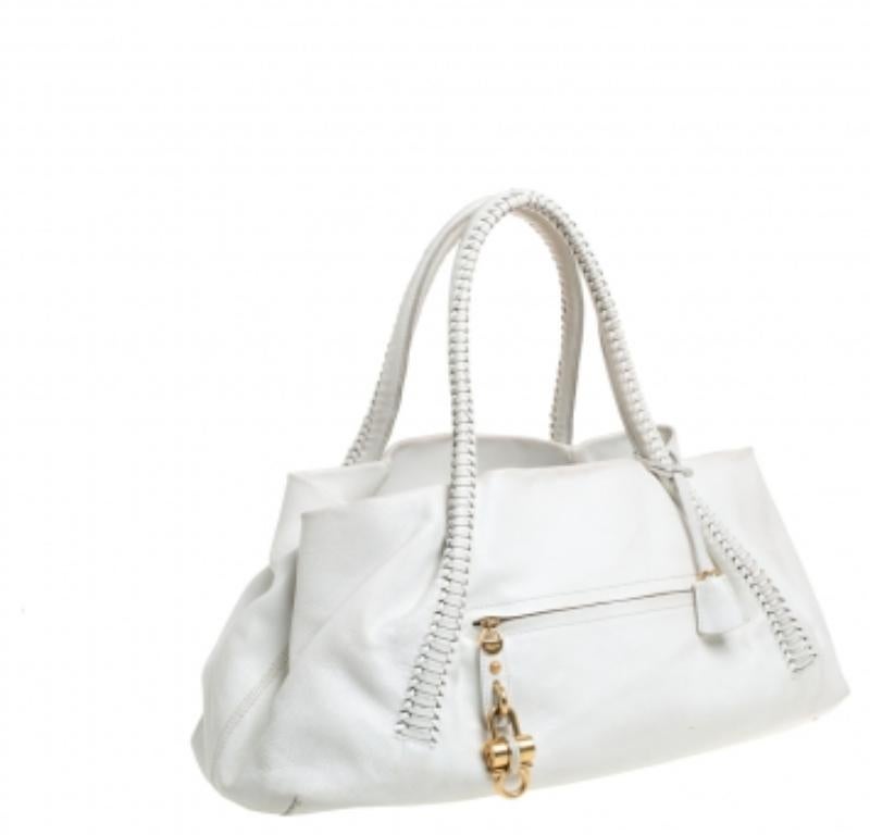 Gray Salvatore Ferragamo White Leather Front Pocket Satchel For Sale