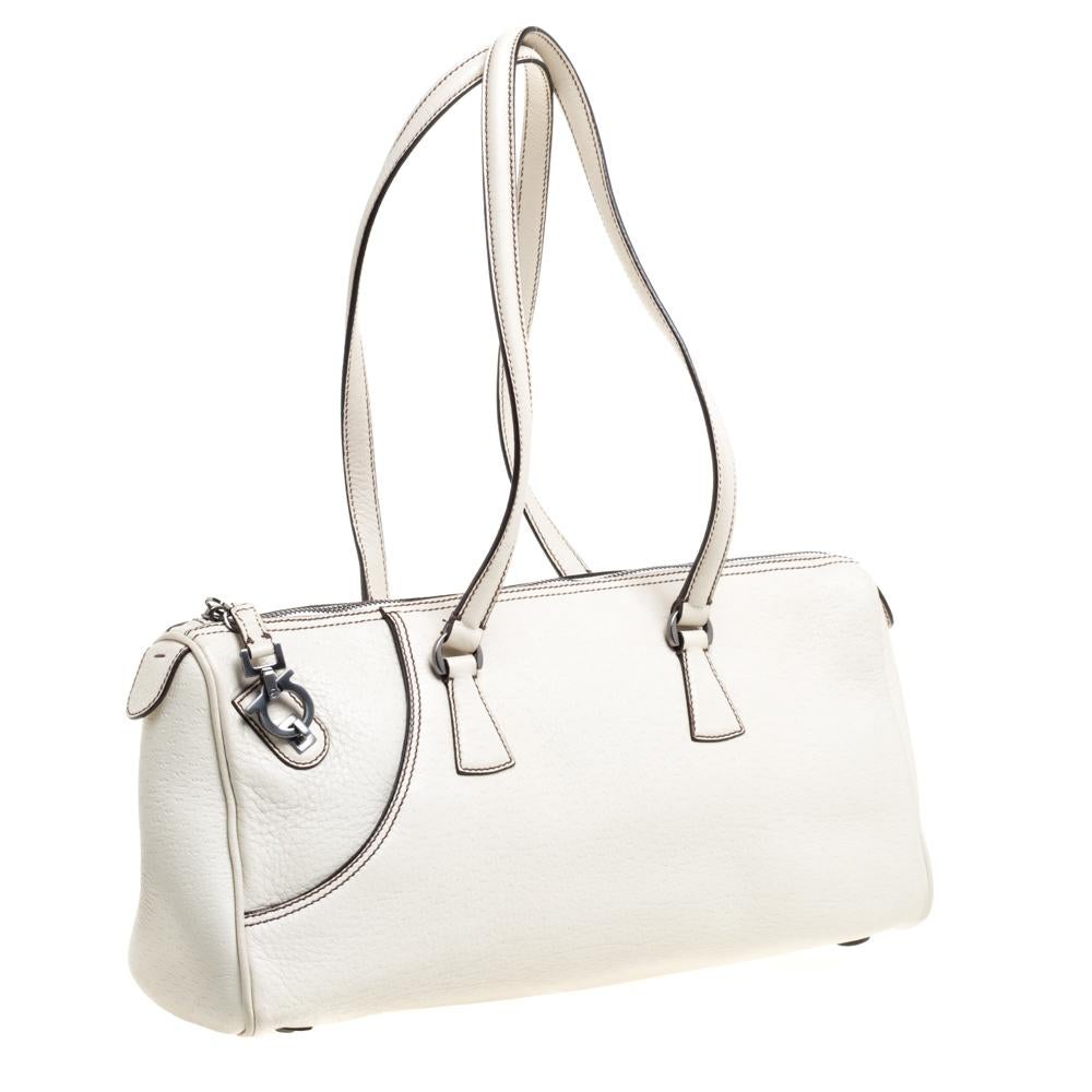 Women's Salvatore Ferragamo White Leather Gancio Zip Satchel