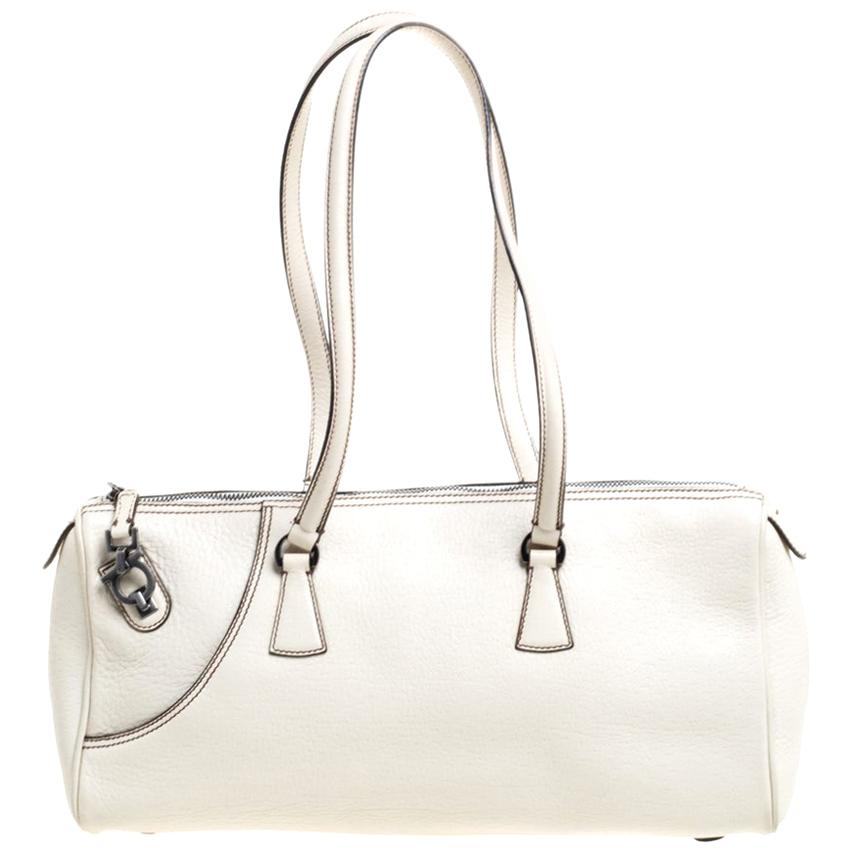 Salvatore Ferragamo White Leather Gancio Zip Satchel