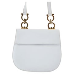 SALVATORE FERRAGAMO white leather gold hardware flap front shoulder satchel bag
