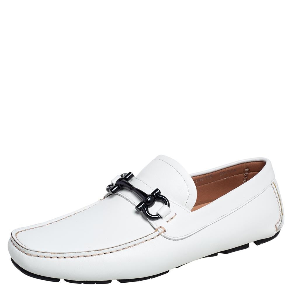 Salvatore Ferragamo White Leather Horsebit Loafers Size 41.5 at 1stDibs