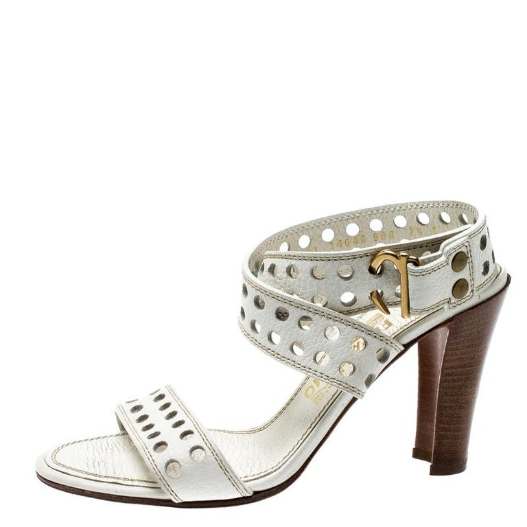 Salvatore Ferragamo White Perforated Leather Ankle Wrap Sandals Size 38 ...