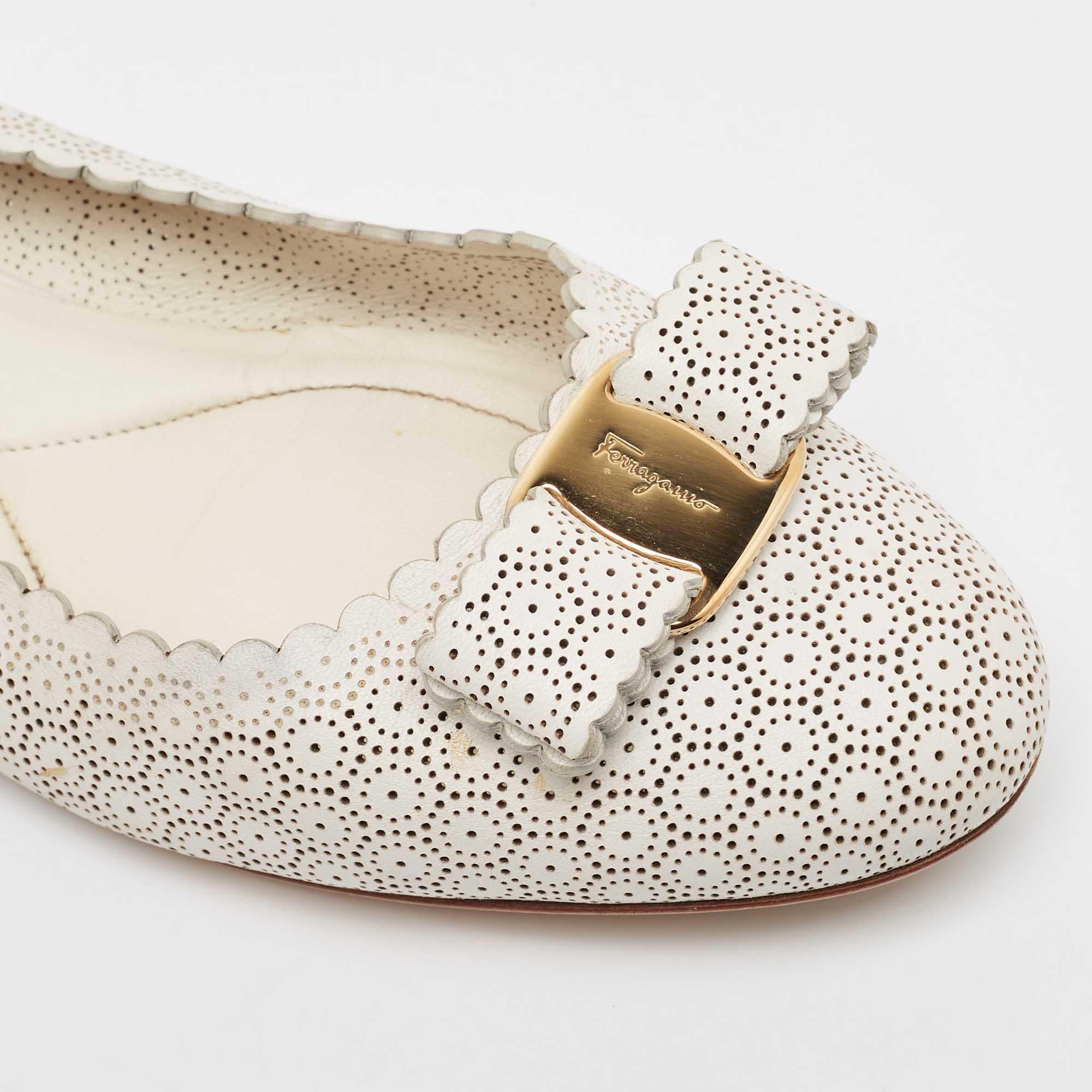 Salvatore Ferragamo White Perforated Leather Varina Ballet Flats Size 39.5 4