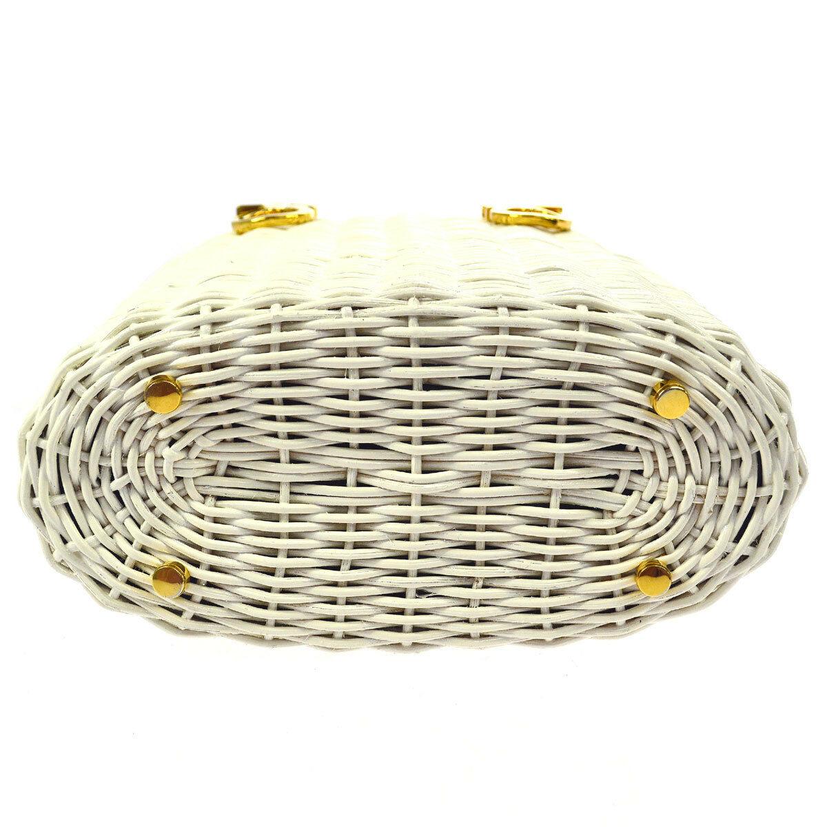 Salvatore Ferragamo White Wicker Basket Top Handle Satchel Small Mini Tote Bag In Good Condition In Chicago, IL