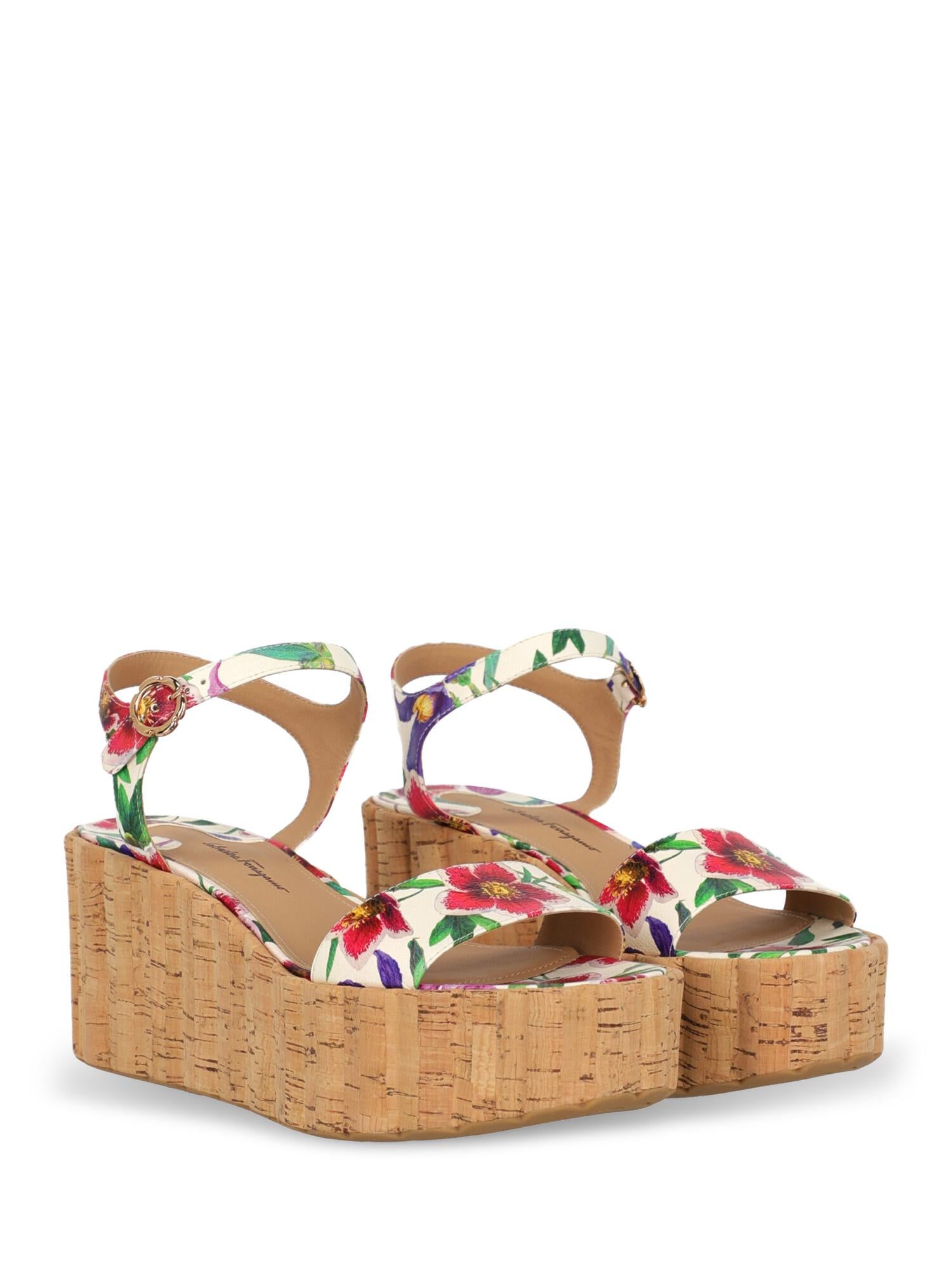 Wedges, leather, floral print, buckle fastening, branded insole, with plateau, mid heel, leather lining. Product Condition: Like New With Tag. 
