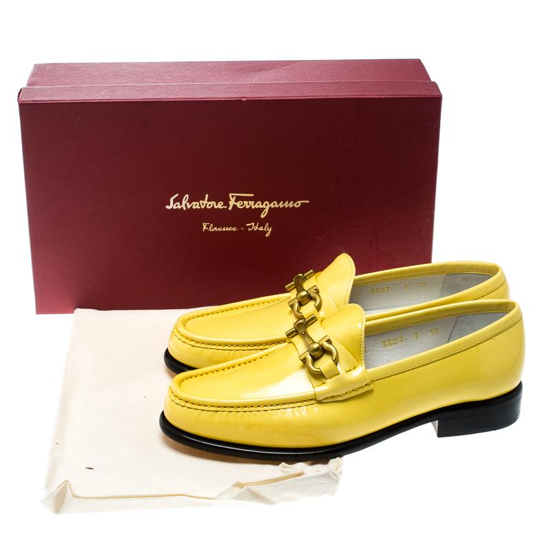 Salvatore Ferragamo Women Yellow Patent Leather Mason Gancio Bit Loafers Size 37 4