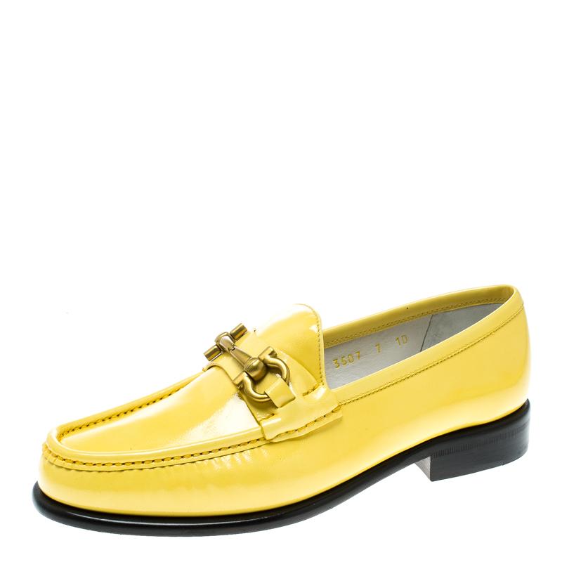 Salvatore Ferragamo Women Yellow Patent Leather Mason Gancio Bit Loafers Size 37