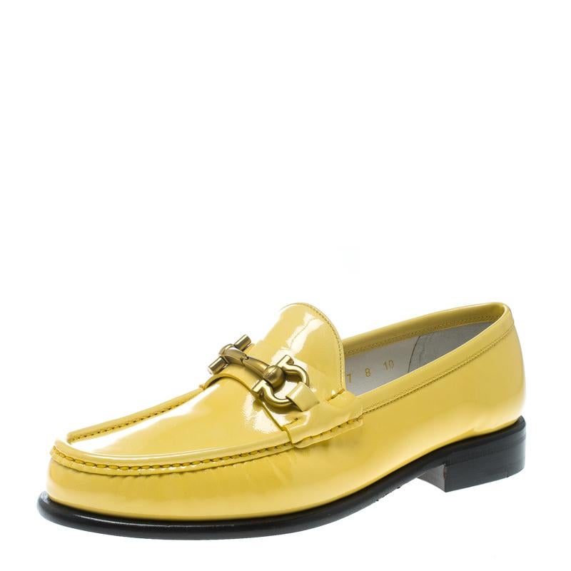 Salvatore Ferragamo Women Yellow Patent Leather Mason Gancio Bit Loafers Size 38 For Sale at 1stDibs