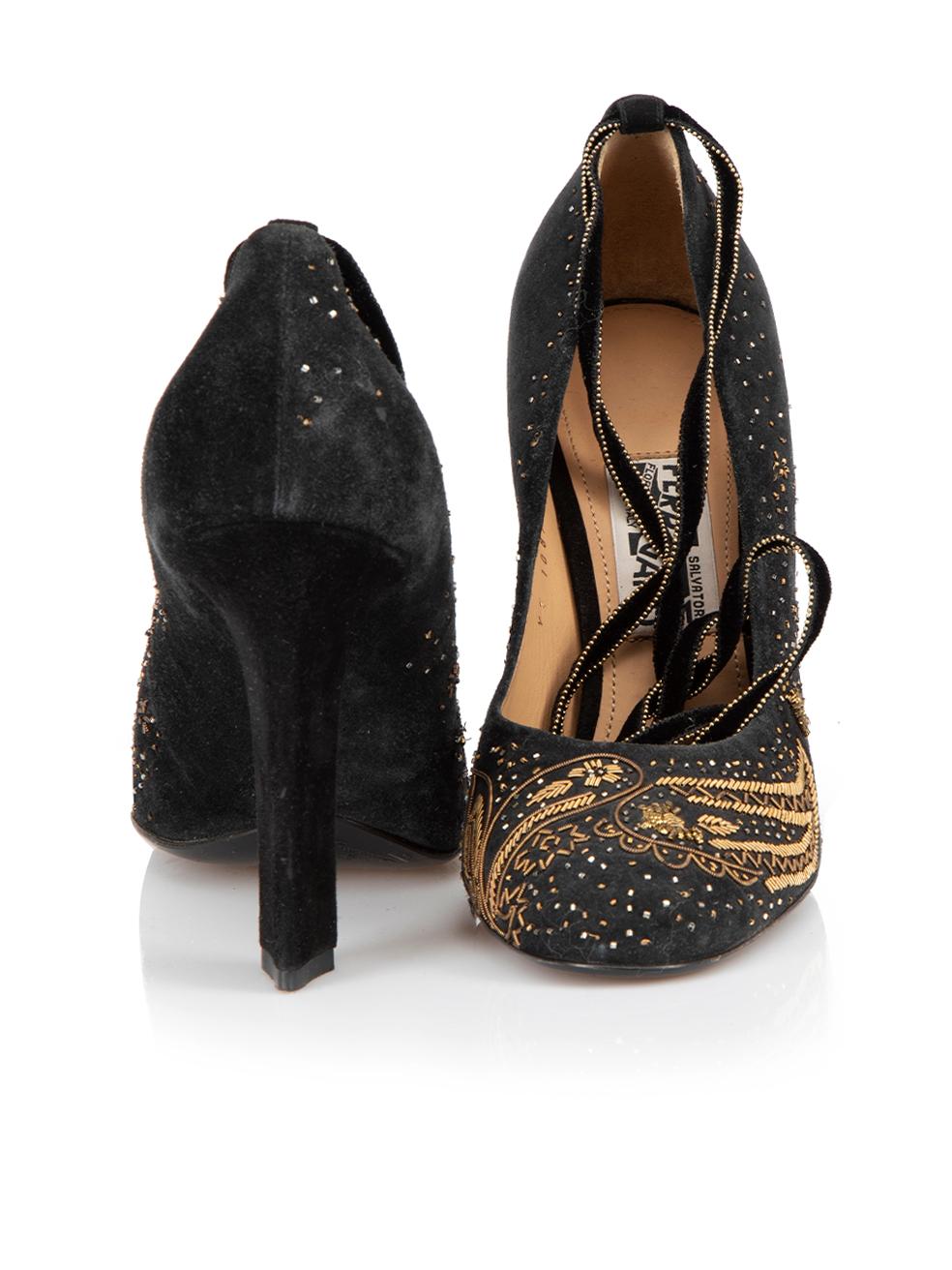 Salvatore Ferragamo Women's Black Paisley Embellished Strappy Pumps In Good Condition In London, GB