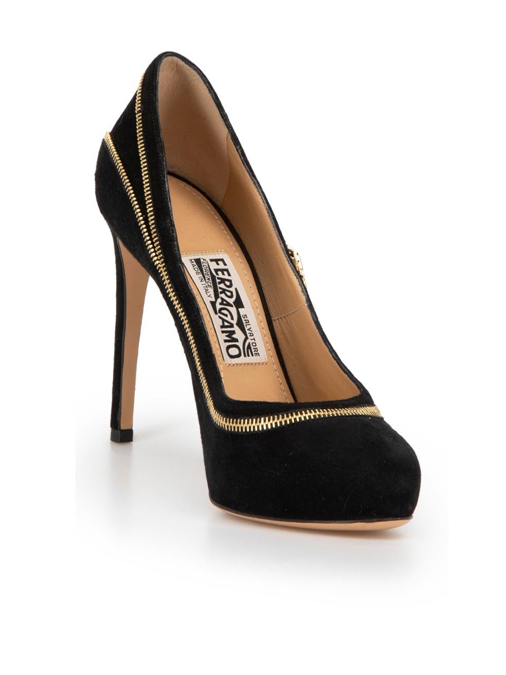 CONDITION is Very good. Minimal wear to heels is evident. Minimal wear to the suede exterior and there are scuffs to the heel stem on this used Salvatore Ferragamo designer resale item. 
 
 Details
  Black
 Suede
 Slip on pumps
 Almond toe
 Platform