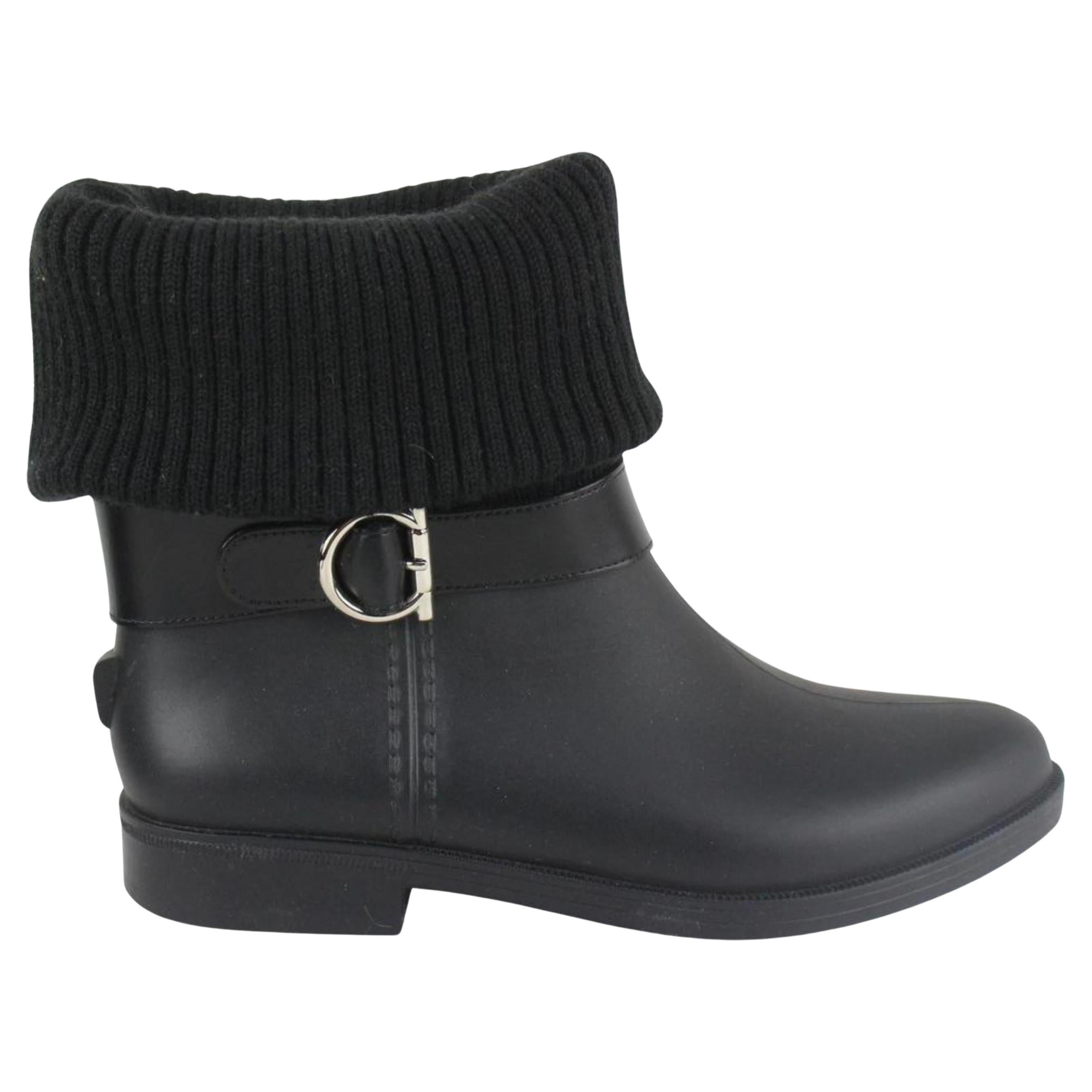 Salvatore Ferragamo Women's Size 6 Black Rubber Thordis Rain Boot Gancini Logo 