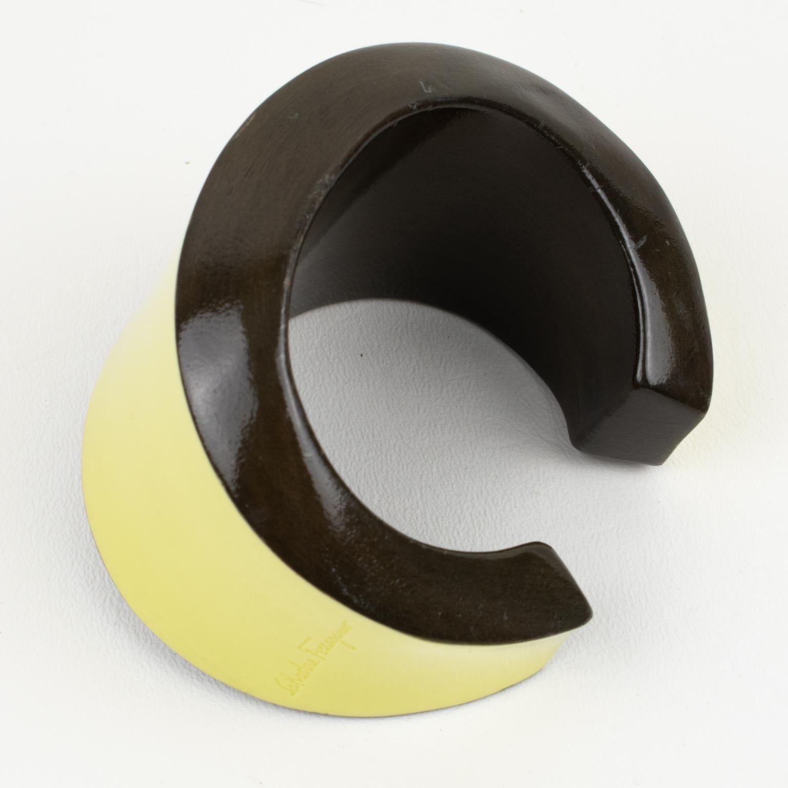 Salvatore Ferragamo Yellow and Brown Wood Enameled Cuff Bracelet Bangle For Sale 6