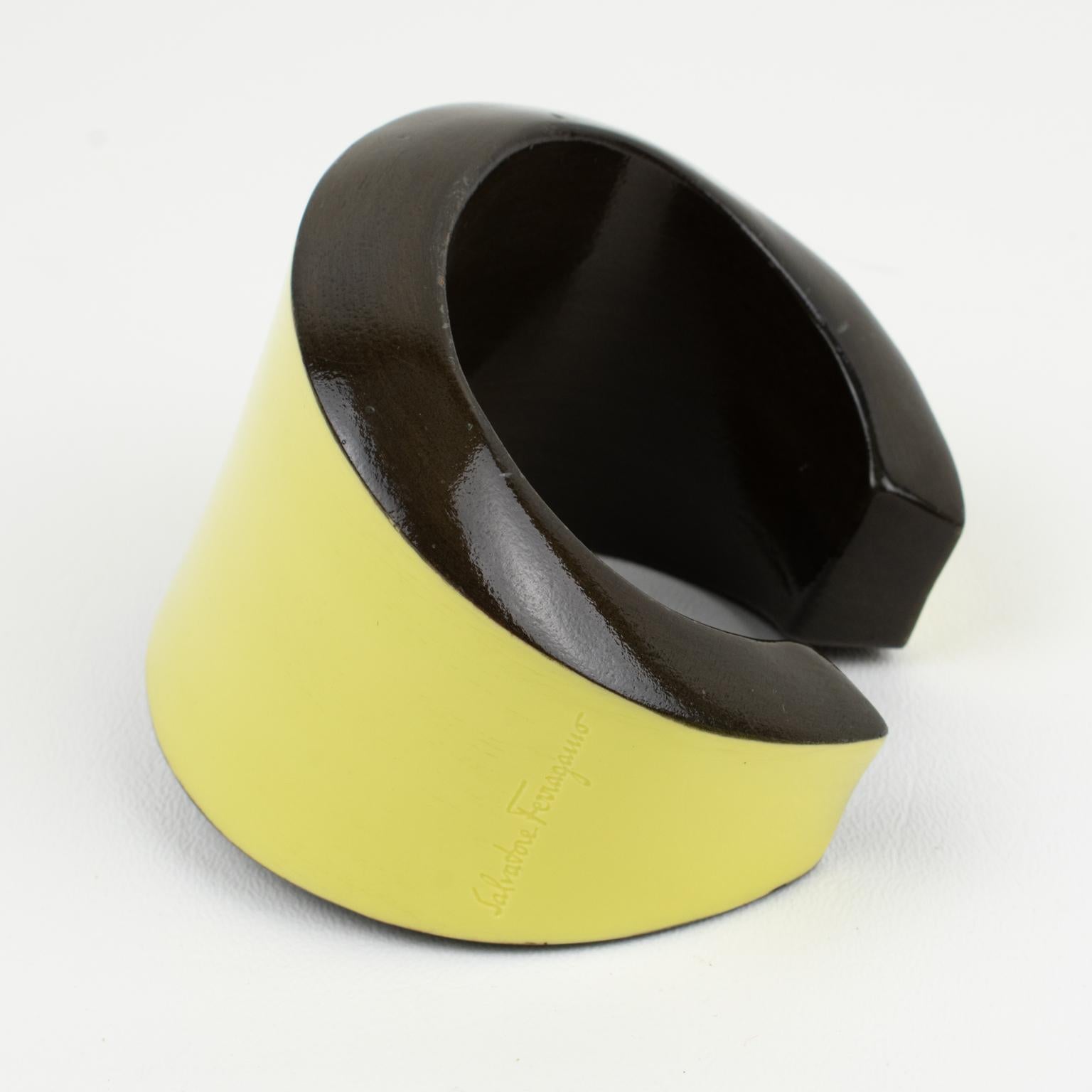 Modern Salvatore Ferragamo Yellow and Brown Wood Enameled Cuff Bracelet Bangle For Sale