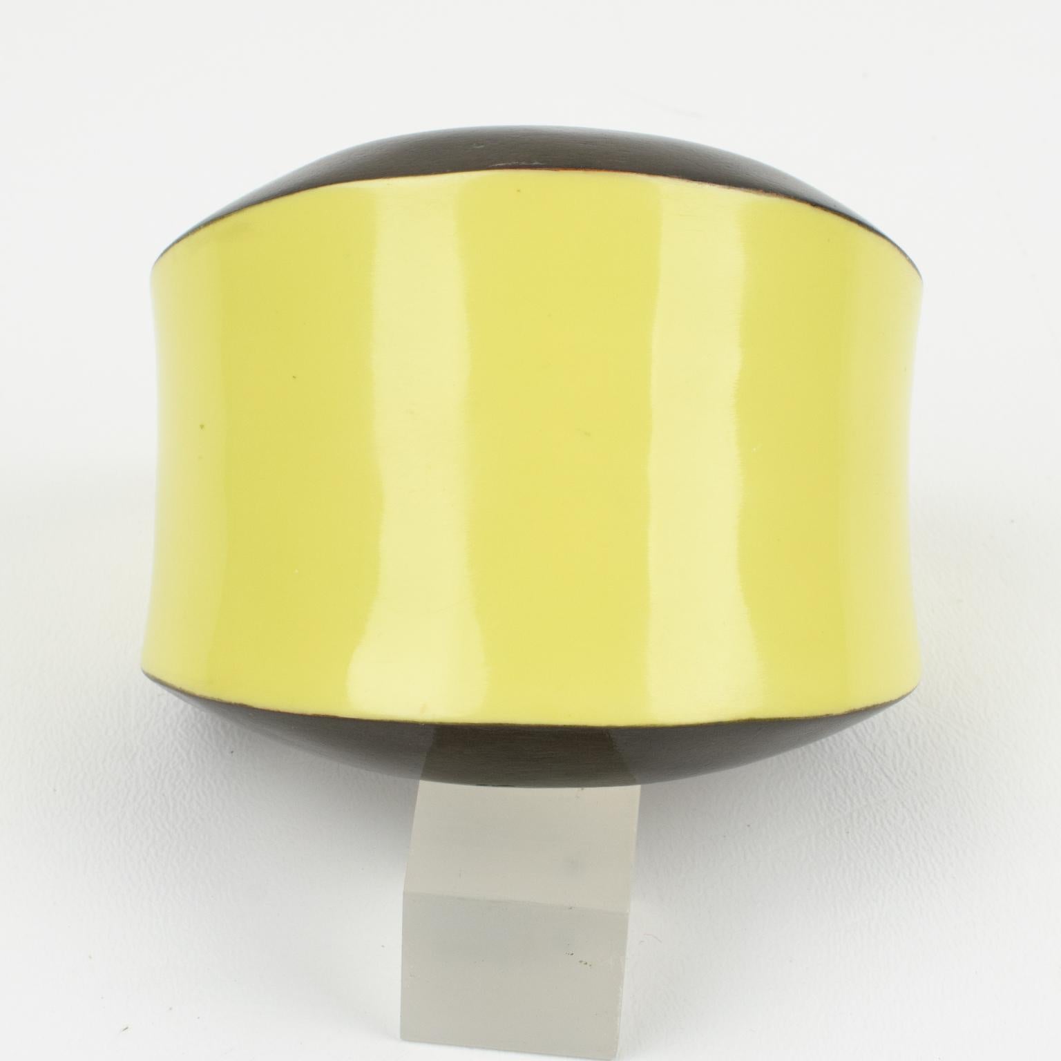 Salvatore Ferragamo Yellow and Brown Wood Enameled Cuff Bracelet Bangle For Sale 1