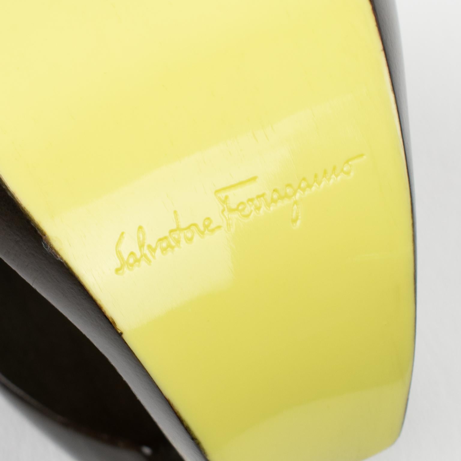 Salvatore Ferragamo Yellow and Brown Wood Enameled Cuff Bracelet Bangle For Sale 2