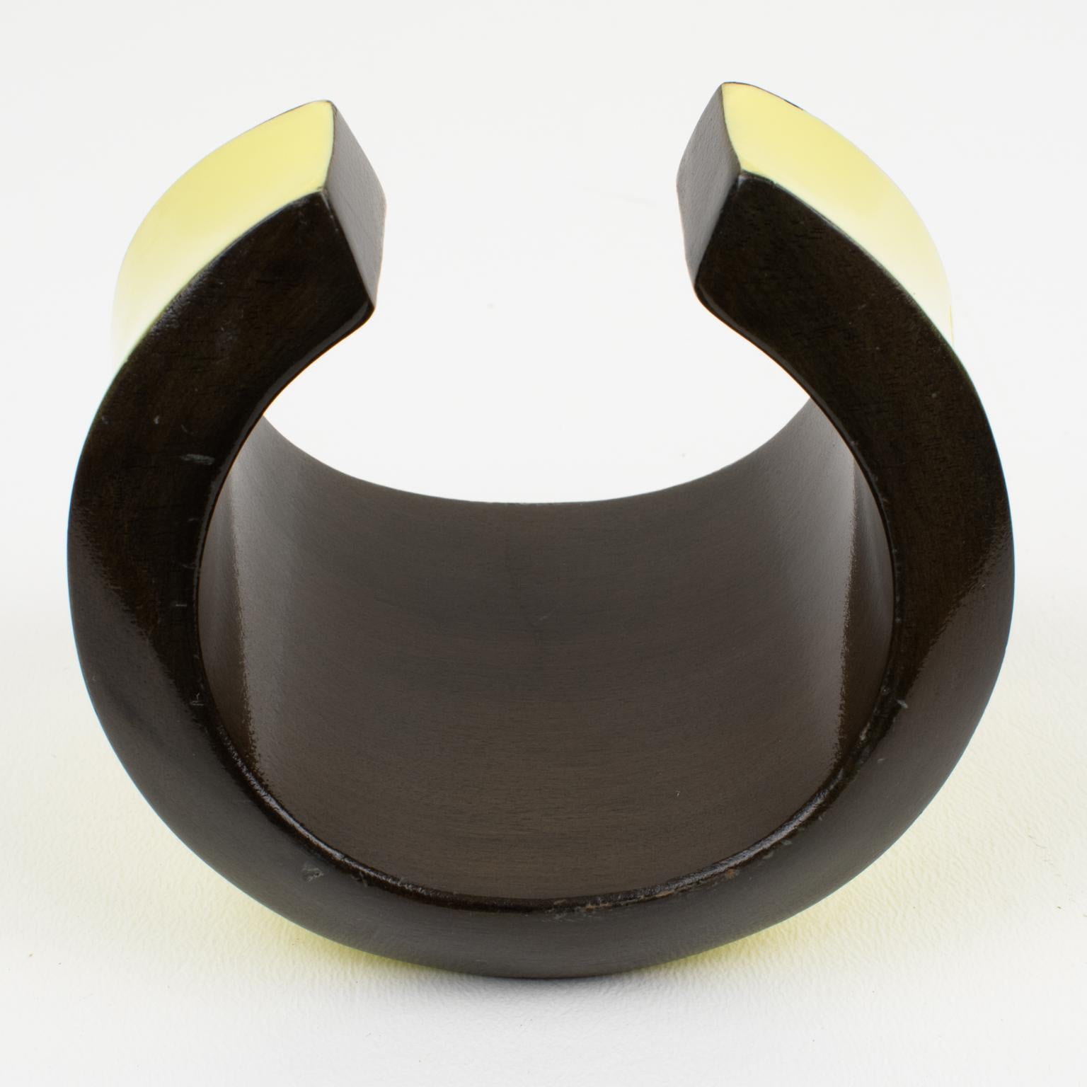 Salvatore Ferragamo Yellow and Brown Wood Enameled Cuff Bracelet Bangle For Sale 3