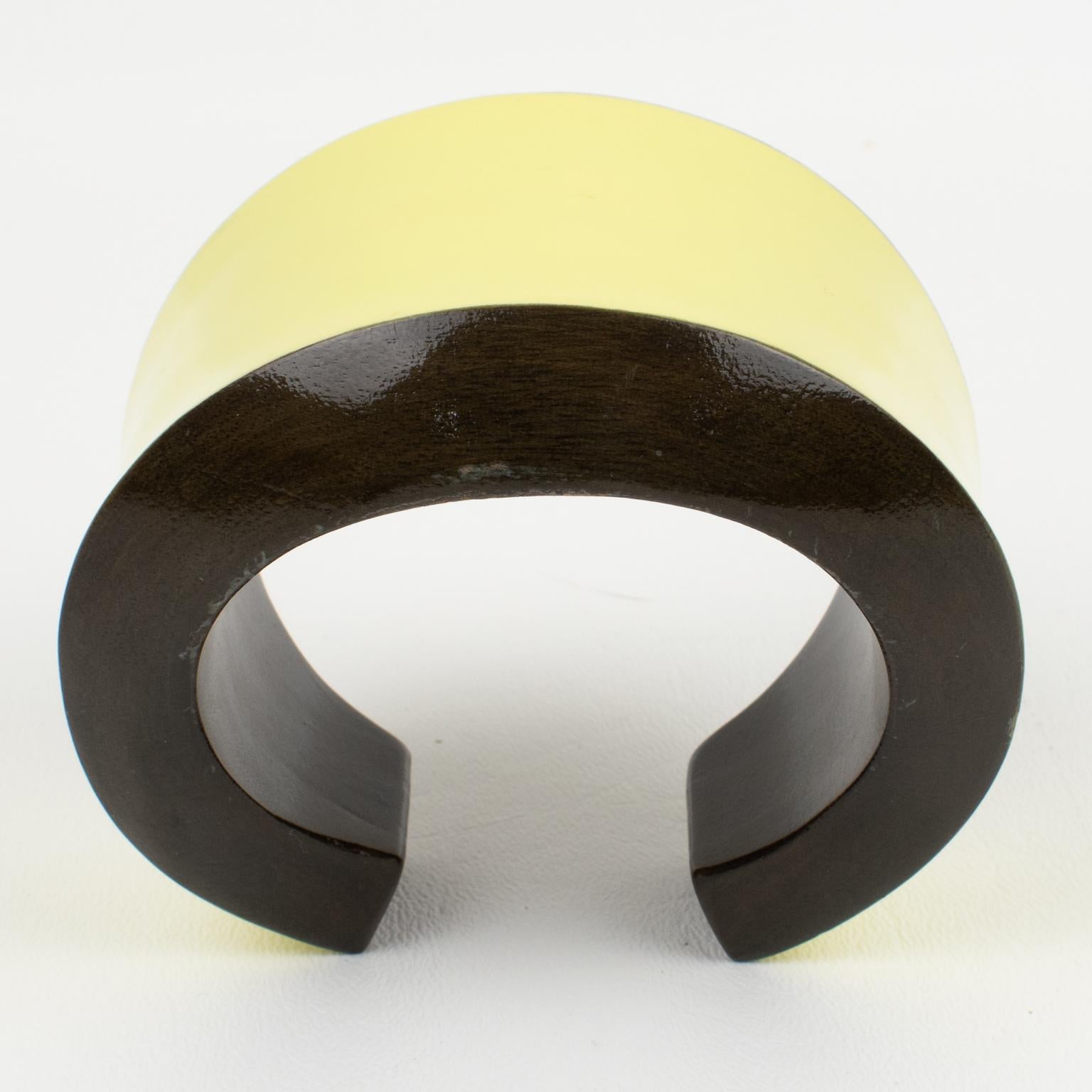 Salvatore Ferragamo Yellow and Brown Wood Enameled Cuff Bracelet Bangle For Sale 4