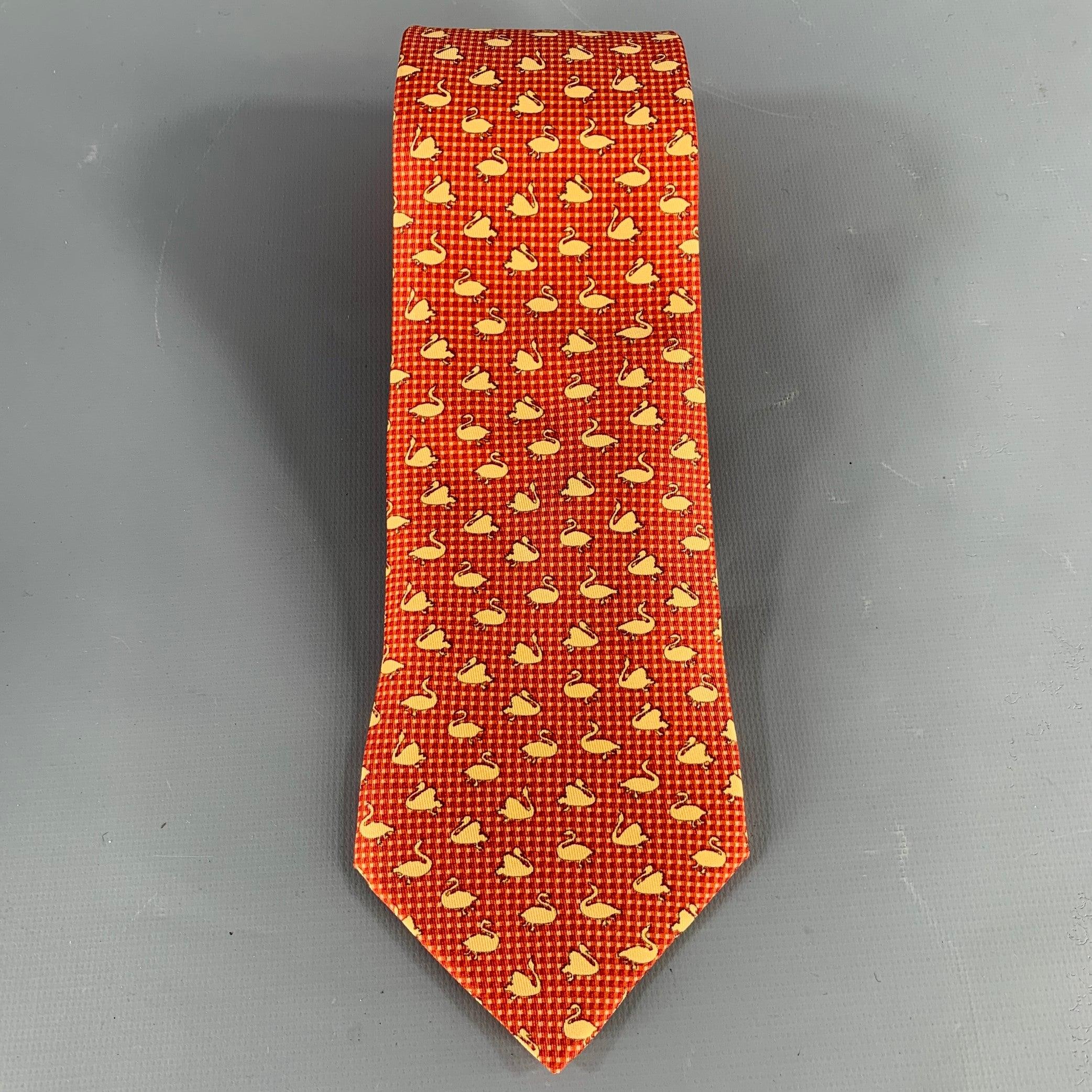 Red SALVATORE FERRAGAMO Yellow Burgundy Swans Silk Tie