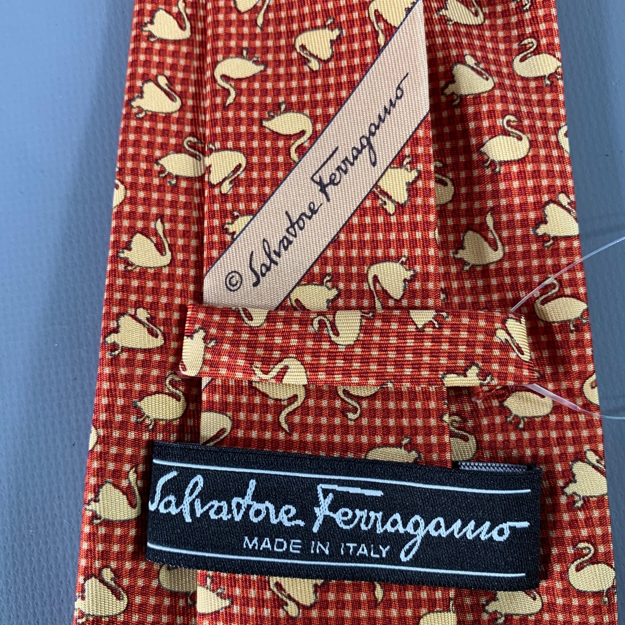 SALVATORE FERRAGAMO Yellow Burgundy Swans Silk Tie In Excellent Condition In San Francisco, CA