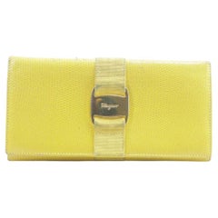 Vintage Salvatore Ferragamo Yellow Lizard Long Flap Bifold Wallet 11FKR0113