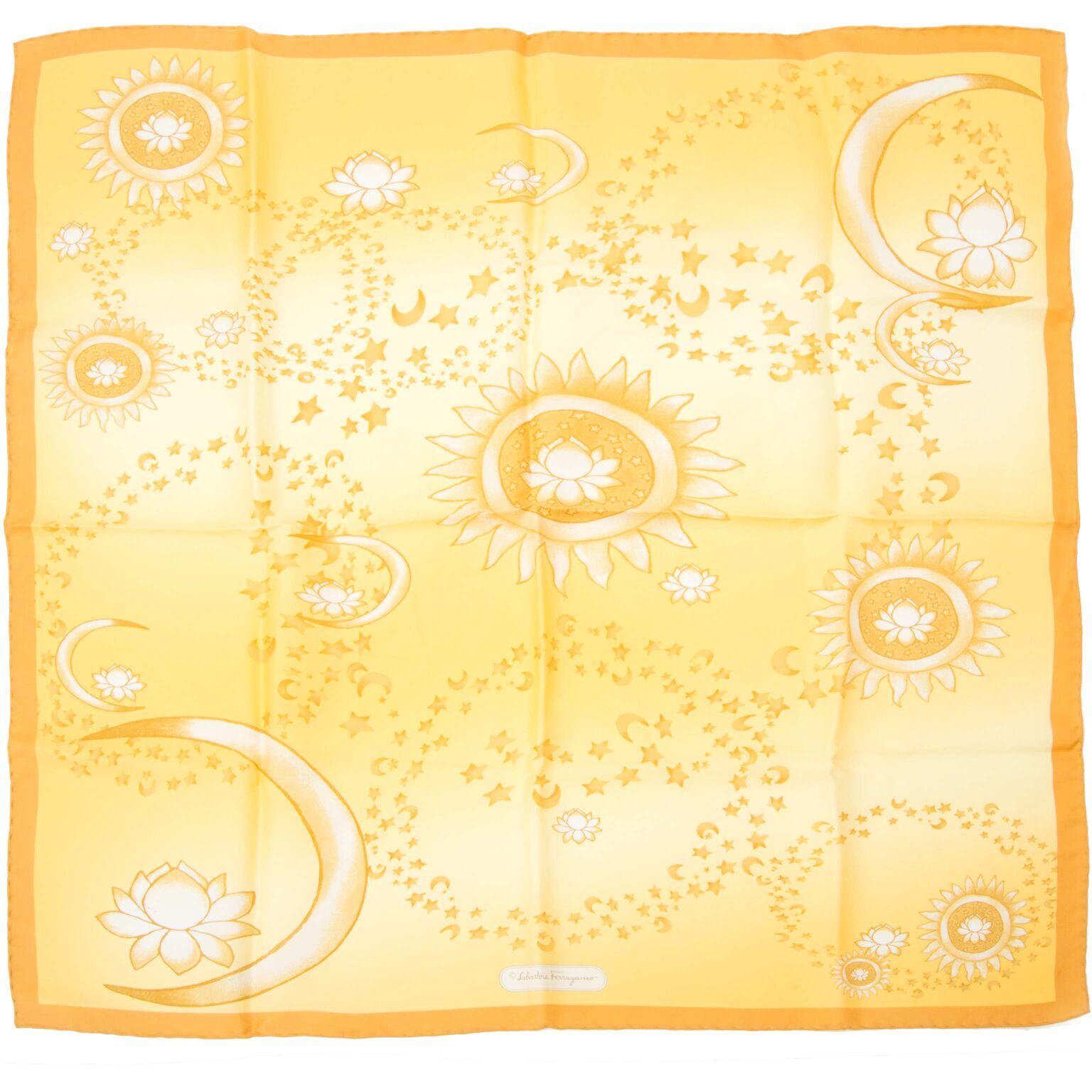 Good preloved condition

Salvatore Ferragamo Yellow Moon & Stars Silk Scarf

This soft yellow silk scarf from Salvatore Ferragamo, has a beautiful design that brings you in a oriental mood.

No care label attached